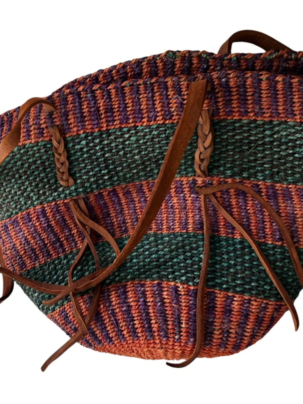 Kenyan Hand Made RICH colors purple green straw leather basket bag purse